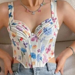 NWT Cider Summer Floral Bustier Crop Top Corset Milkmaid Tank Halter Ruched 3X